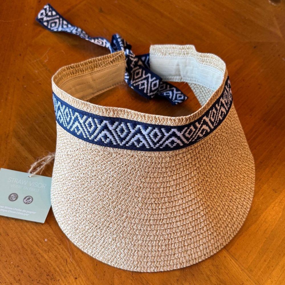Sea and Grass Straw Visor with Navy Patterned Band